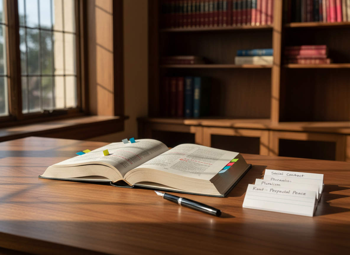 A meticulously organized wooden writing desk in a quiet study, its rich walnut surface holding a single open hardcover book on political theory, filled with underlined passages and color-coded tabs. A slim black fountain pen rests diagonally across the page beside a small stack of neatly arranged index cards, each bearing precise handwritten notes. Behind, floor-to-ceiling bookshelves are softly blurred, their spines revealing titles on democracy, war, peace, and Japanese politics. Late afternoon natural light filters through a tall window, casting gentle, angled shadows and a warm, scholarly glow. Photographic realism, eye-level composition with shallow depth of field, creating a sophisticated, contemplative atmosphere ideal for a homepage hero image on political theory scholarship.